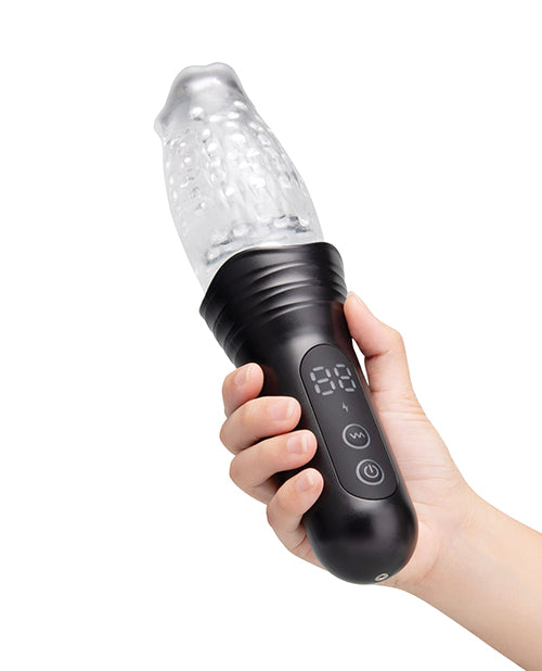 He-Vibe The Original Gluk Gluk Thrusting Masturbator in hand, showcasing modern design and digital controls.