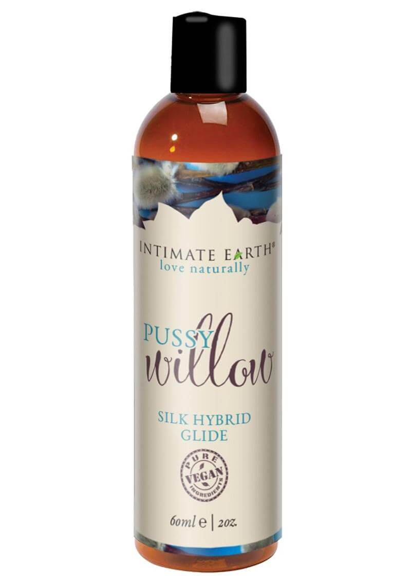 Intimate Earth Pussy Willow Hybrid Silk Glide 2 Oz bottle with water and silicone blend for smooth lubrication.