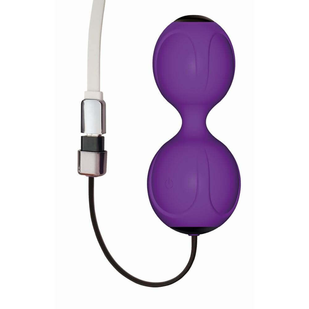 LavaJoy Vibrating Remote Controlled Duo Kegel Balls in purple with remote for pelvic wellness and stimulation.
