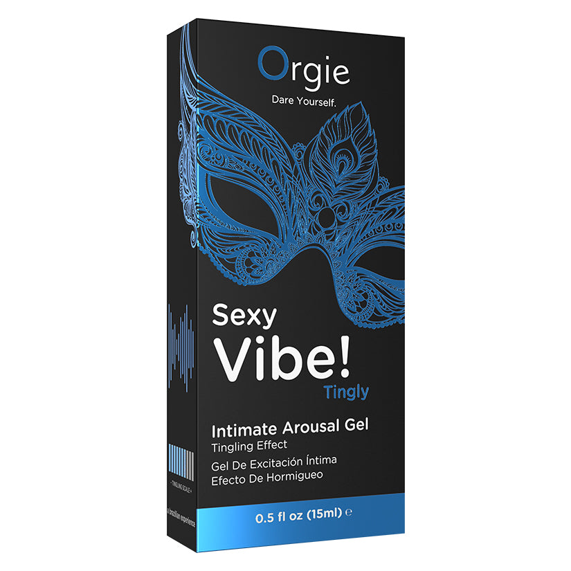 Orgie Sexy Vibe Intimate Arousal Gel 15 ml packaging featuring a blue mask design and 'Tingly' text.