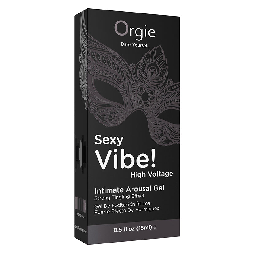 Orgie Sexy Vibe High Voltage Intimate Arousal Gel 15 ml packaging with ornate mask design.
