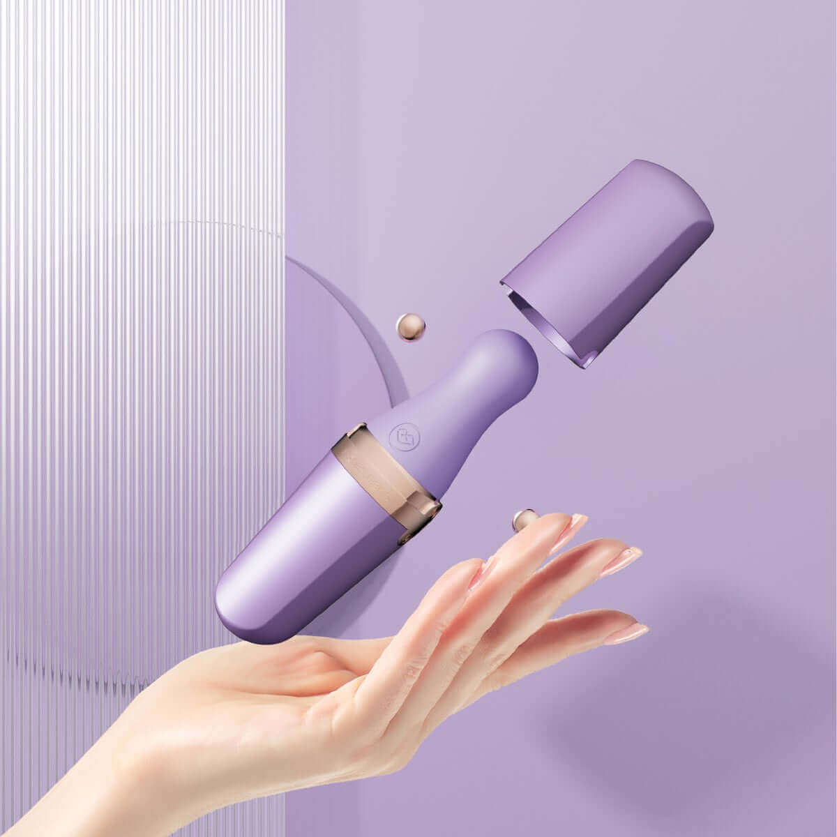 Sweet Secret Dual Massager Purple displayed with a hand, showcasing its sleek design and innovative features.
