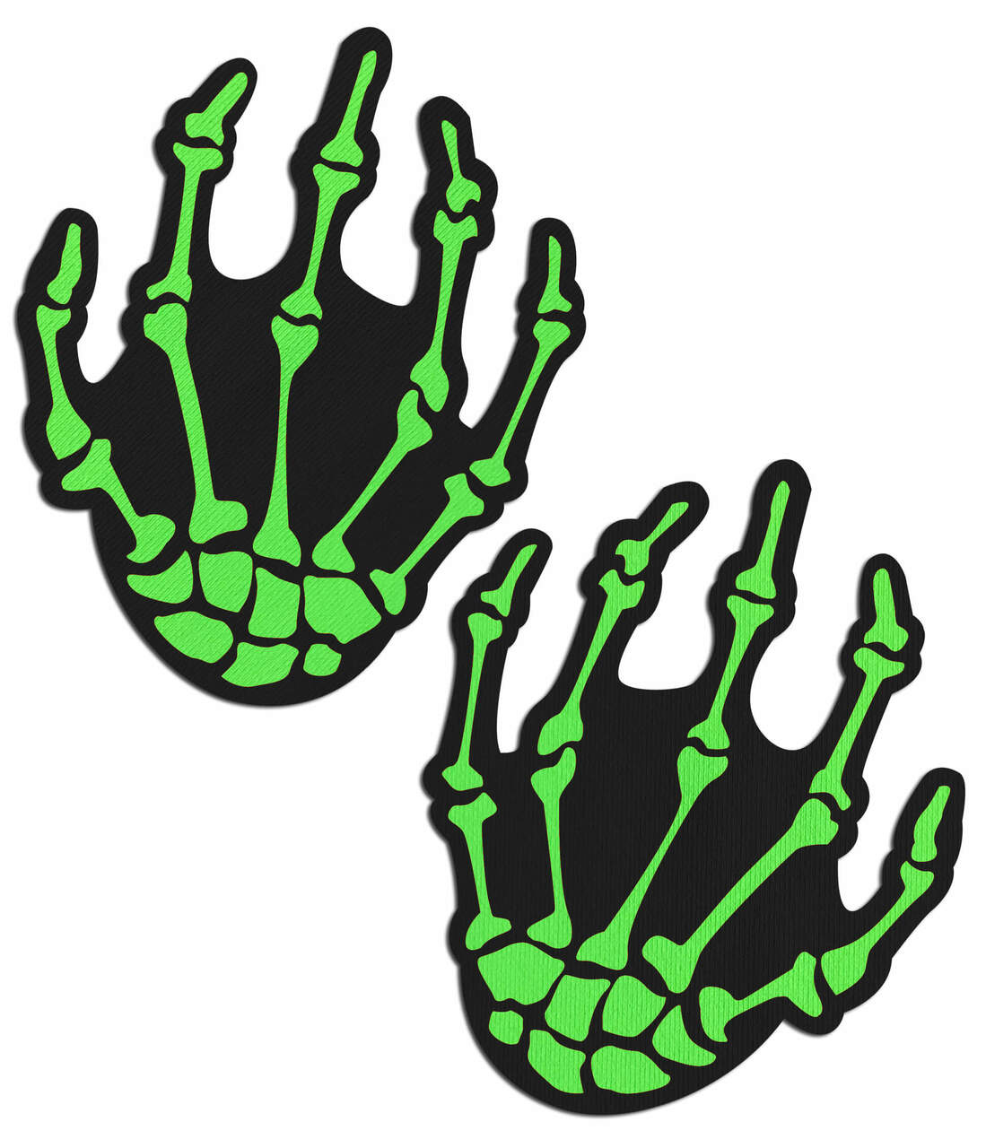 Pastease Neon Green Skeleton Hands Nipple Pasties featuring playful green skeleton designs on a black background.