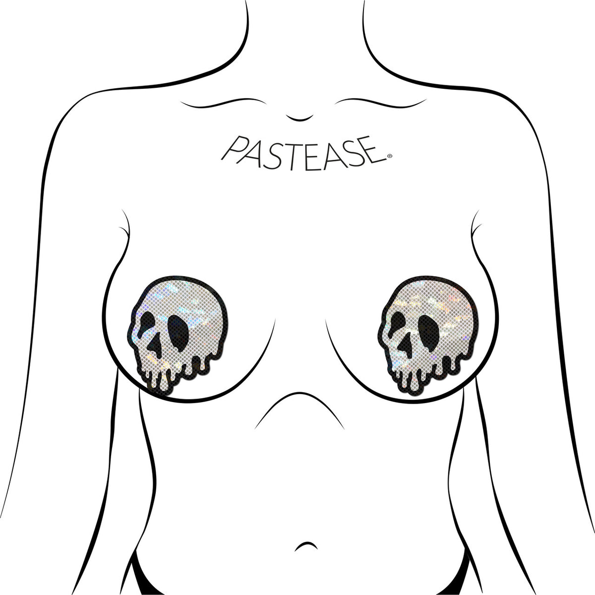Pastease Skull Melt Shattered Glass Nipple Pasties featuring dripping skull design on a model.