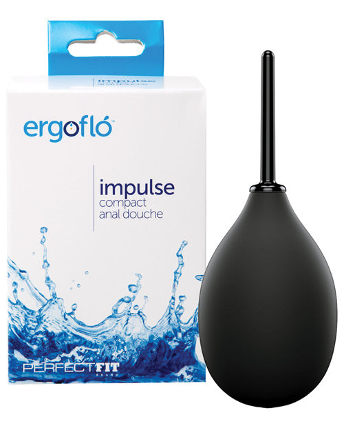 Perfect Fit Ergoflo Impulse Black anal douche with compact design and waterproof packaging.