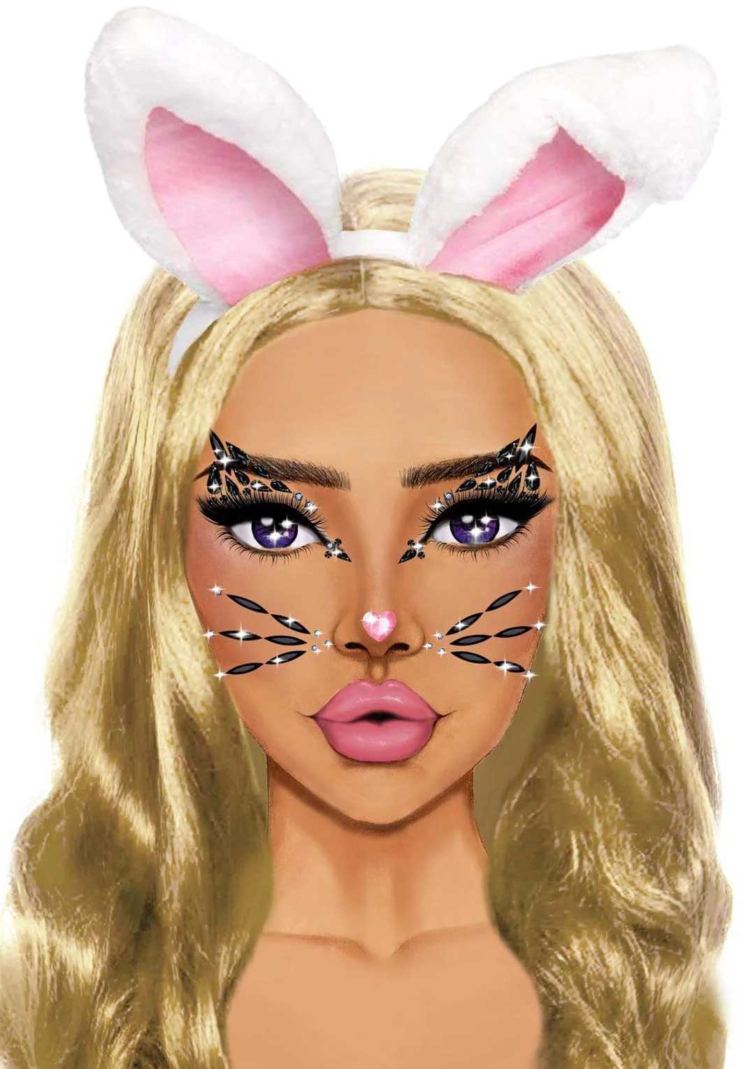 Leg Avenue Animal Rhinestone Stick-on Face Jewels applied on a model with bunny ears and a glam look.