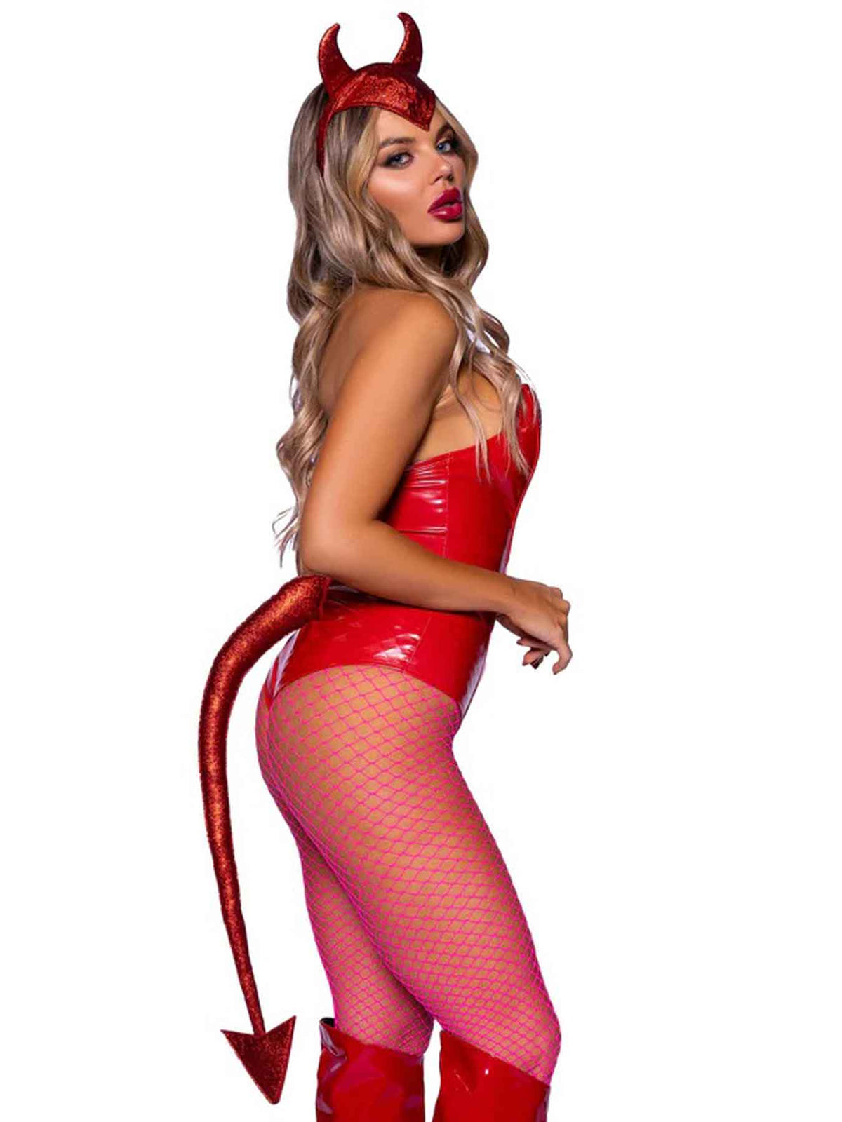 Leg Avenue Glitter Devil Horns Headband and Tail Set Red worn by a model, showcasing a playful Halloween costume.