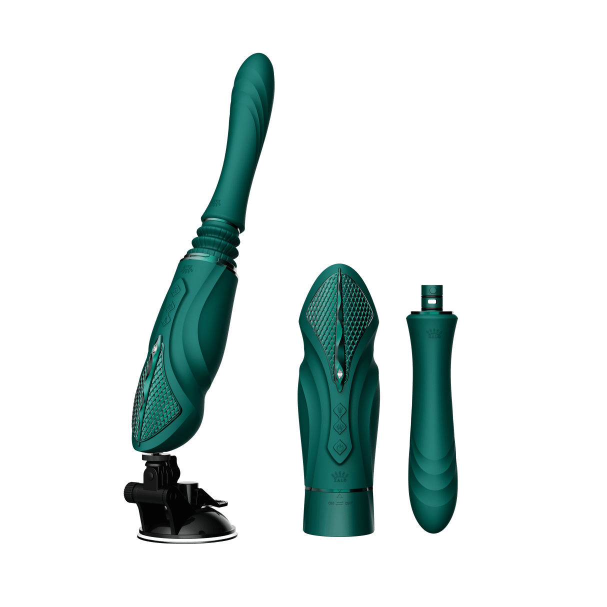 ZALO Sesh Compact Sex Machine in Turquoise Green with PowerThrust technology and vibrating massage sticks.