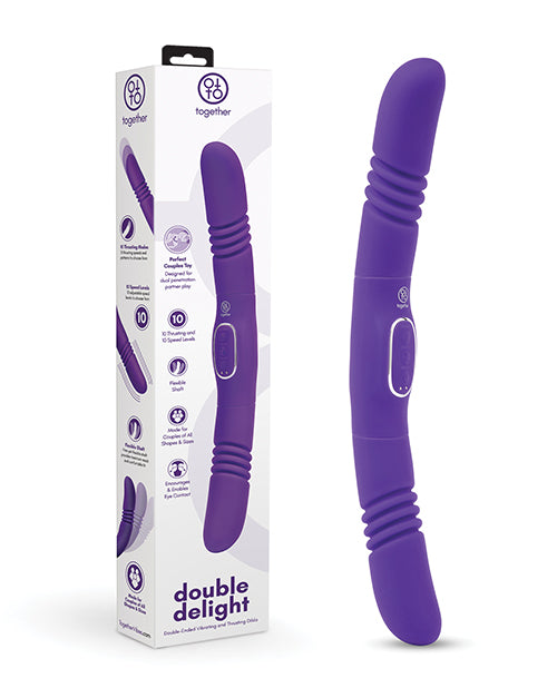 Double Delight Double-Ended Vibrating & Thrusting Vibrator Purple next to its packaging for enhanced intimacy.