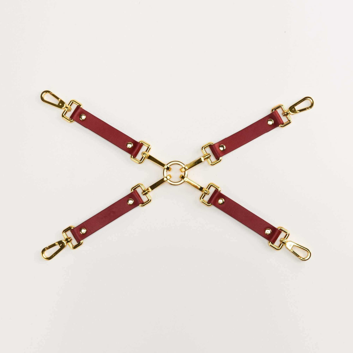 Luxury Italian leather bondage accessories set with gold hardware, designed for BDSM play and style.