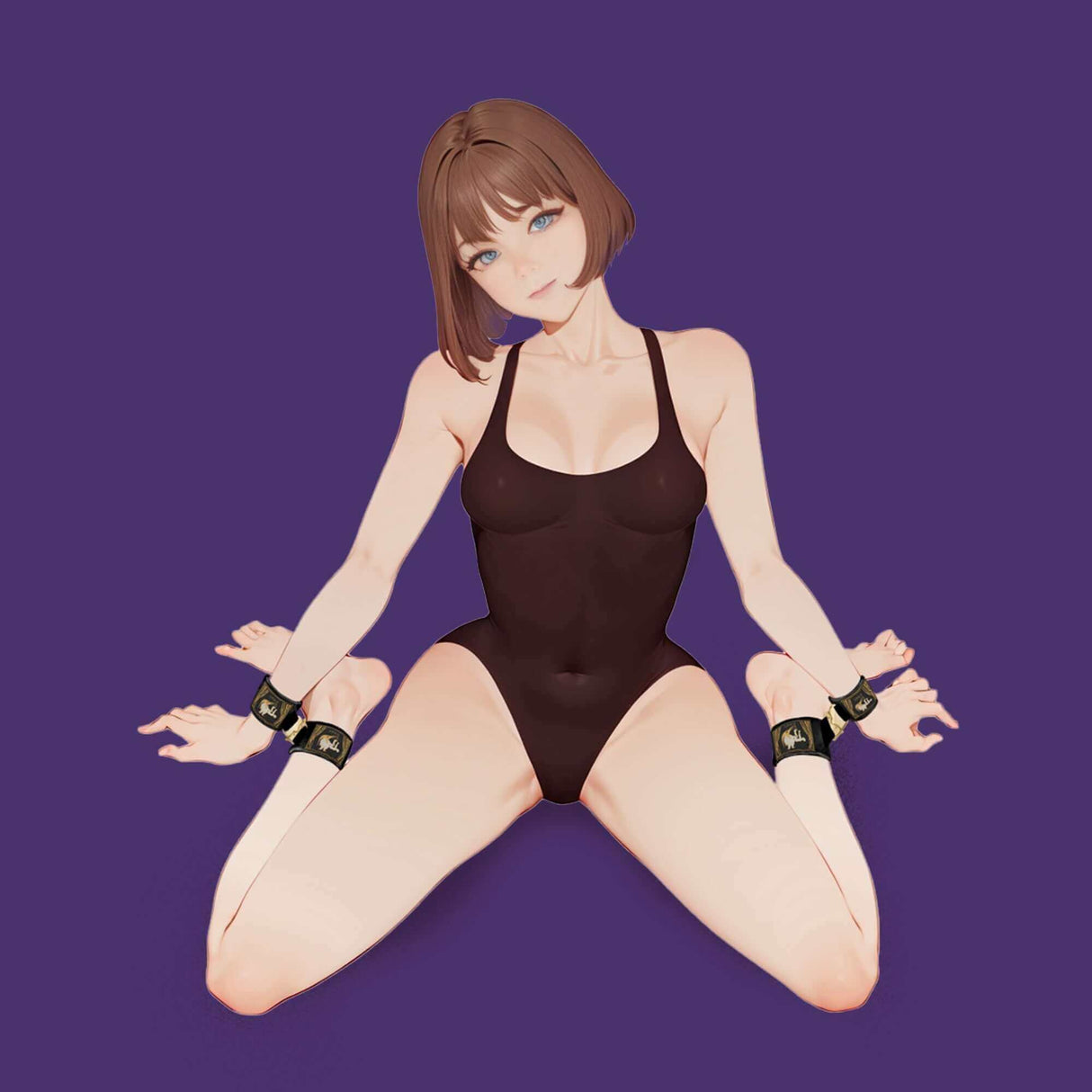 Clack bondage restraints gear featuring a character in a stylish black bodysuit and restraint cuffs against a purple background.