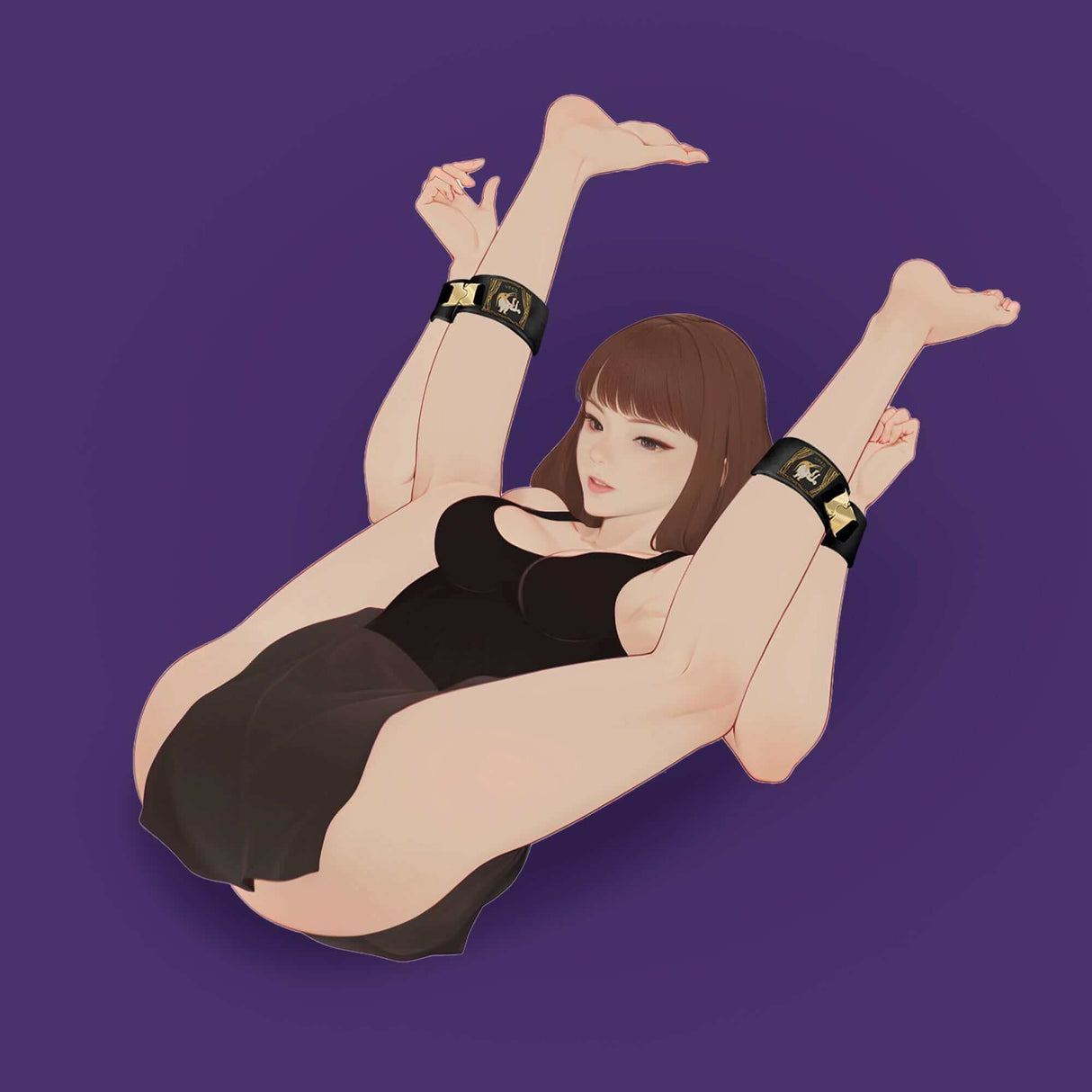 Illustration of a person wearing UPKO Clack Bondage Restraints Gear in a playful pose on a purple background.