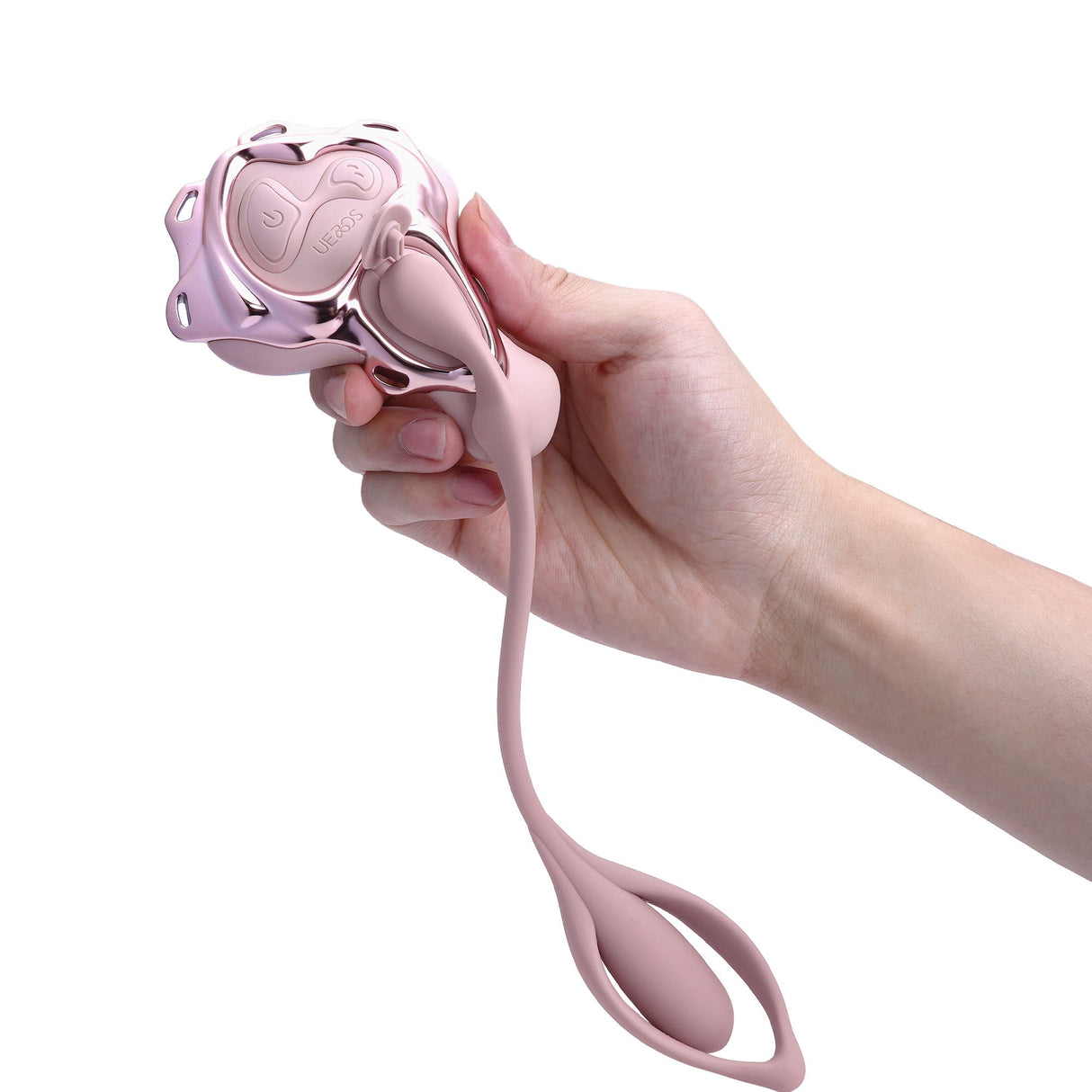 Hand holding the Wearable Panty Vibrator with Egg Vibe by Ueros, showcasing its elegant design for pleasure.