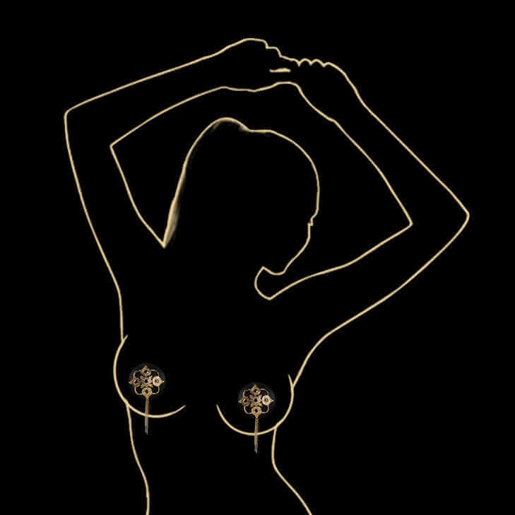Baroque Leather Nippies with rhinestones and tassels on silhouette, featuring hand-inlaid Czech zirconia and strass for luxury appeal.