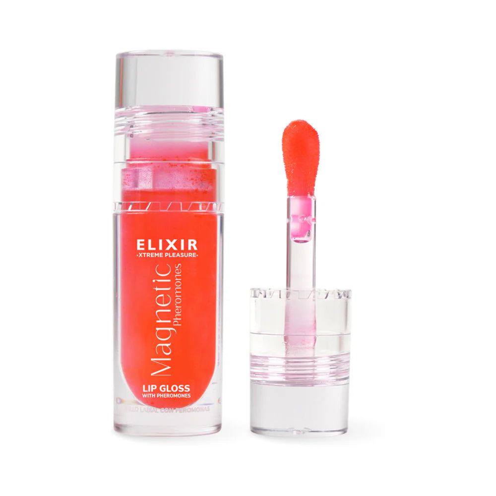 Elixir Magnetic Lip Gloss With Pheromones 5 ml in a clear container with applicator wand next to it.