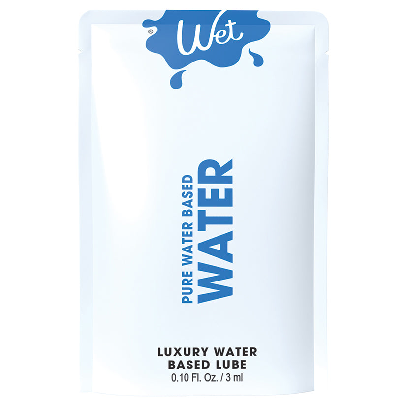 Wet Water Luxury Waterbased Lubricant 0.1 Oz packaging featuring a sleek design for travel-friendly use.