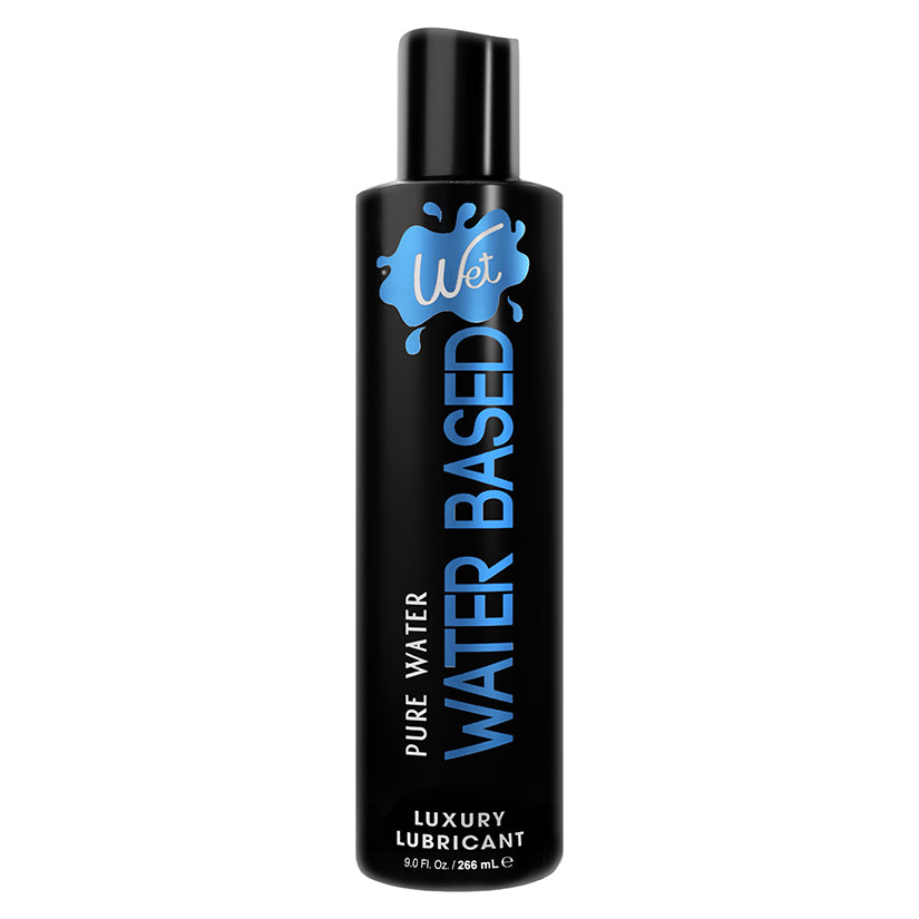 Wet Original Water Based Gel Lubricant 9 Oz bottle featuring sleek design and clear labeling for easy identification.