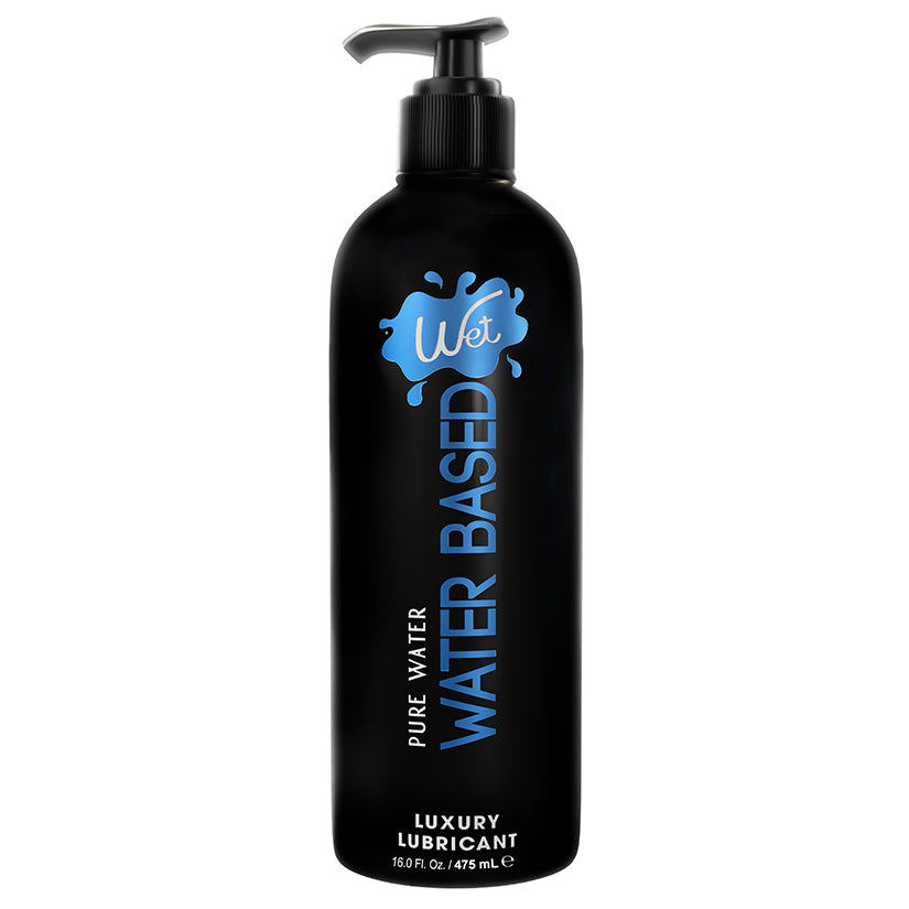 Wet Original Water Based Gel Lubricant 16 Oz bottle with pump, featuring a black design and blue text for luxury lubrication.