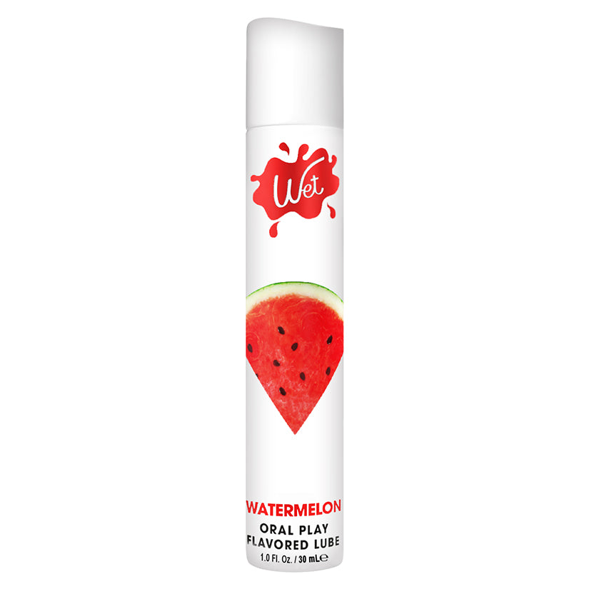 Wet Watermelon Oral Play Lubricant 1 Oz bottle with a watermelon design for flavorful intimacy.