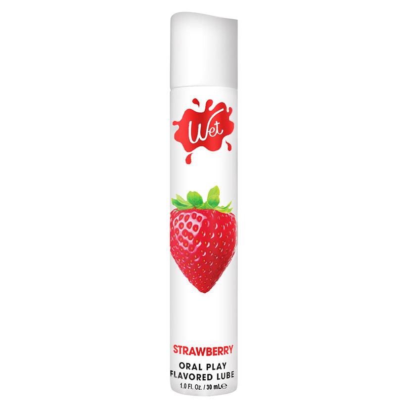 Wet Strawberry Oral Play Lubricant 1 Oz bottle featuring a vibrant strawberry design.