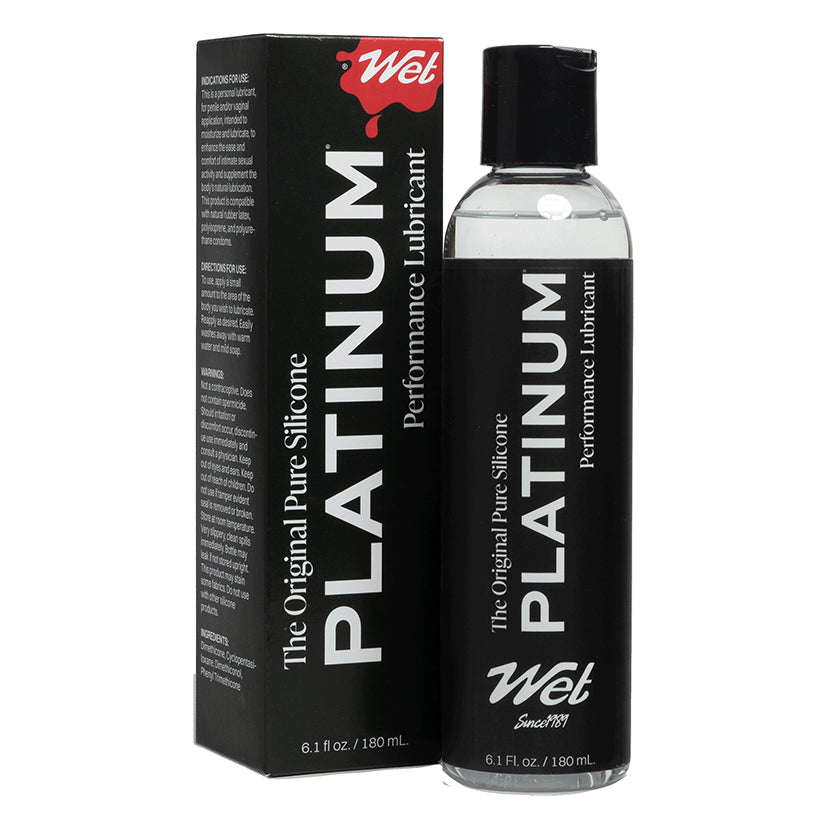 Wet Original Platinum Silicone-based Lubricant 6.1 Oz in a sleek bottle with packaging for performance enhancement.