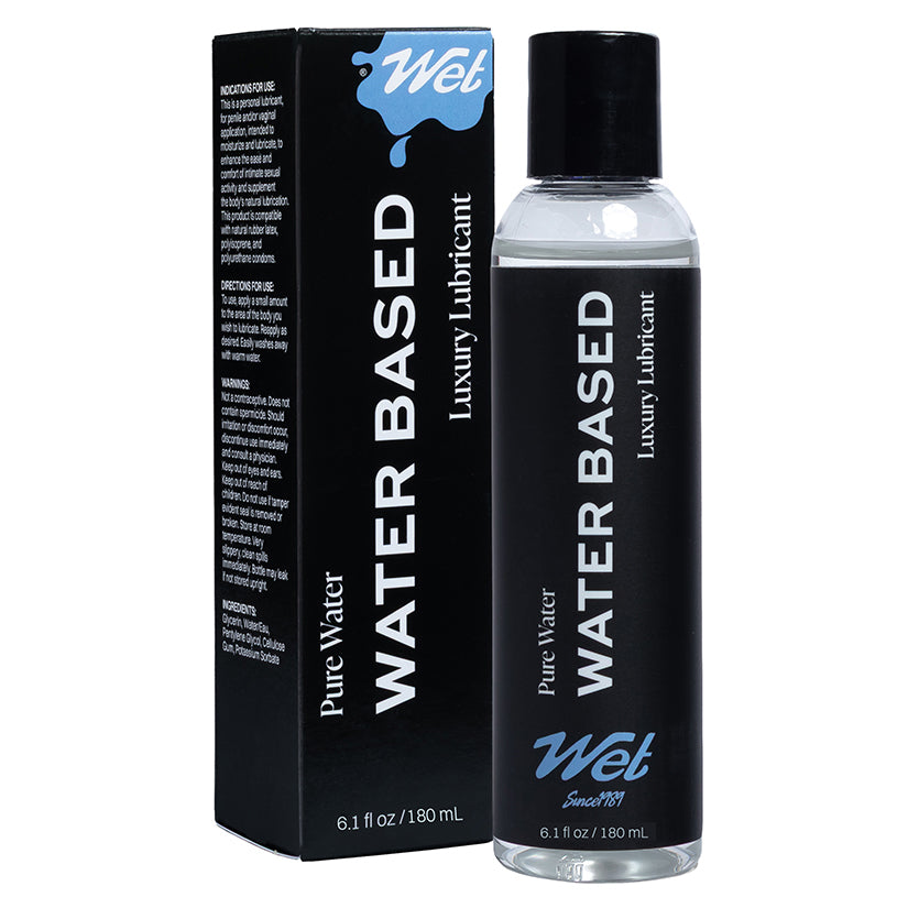 Wet Original Water Based Gel Lubricant 6.1 Oz bottle and packaging, featuring a sleek design for smooth application.