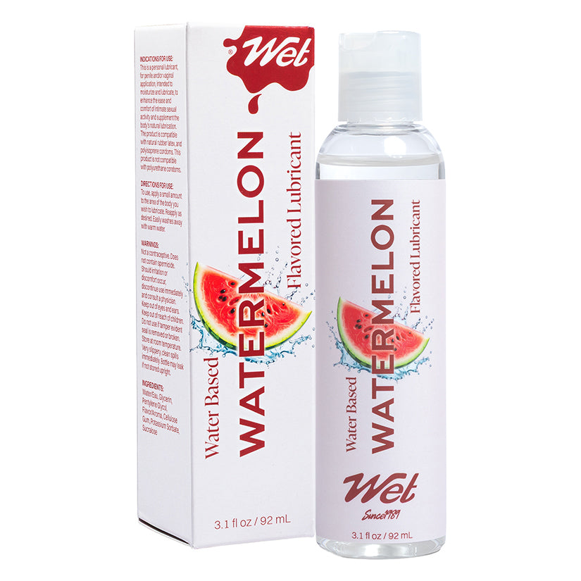 Wet Water-based Lubricant Watermelon 3.1 Oz bottle and packaging with watermelon graphics