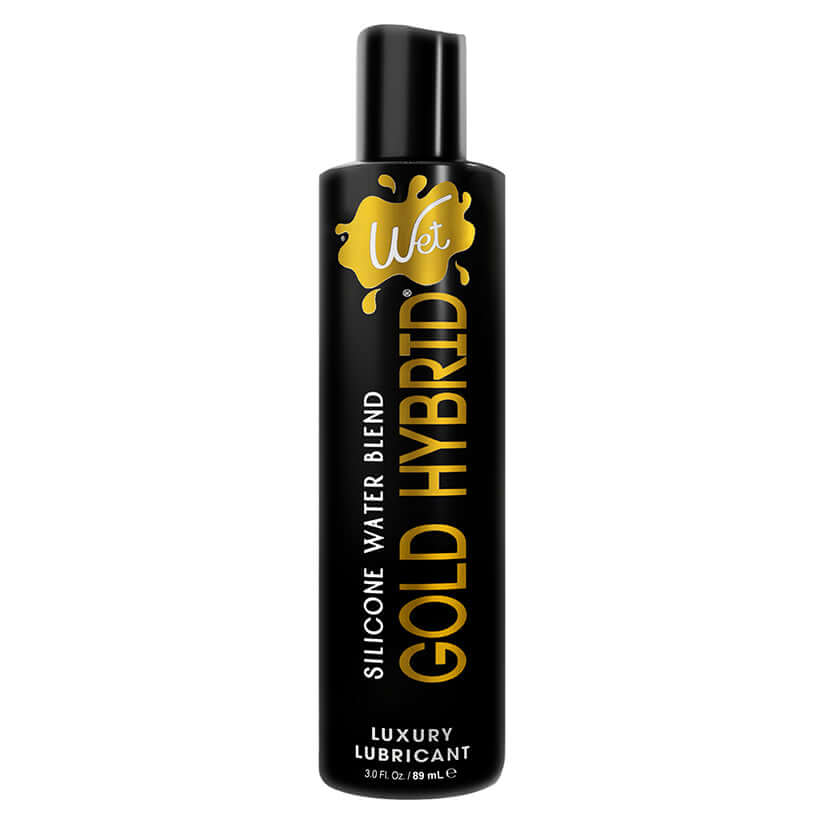 Wet Gold Hybrid Water Silicone Lubricant 3.1 Oz bottle showcasing luxury hybrid blend for ultimate comfort.