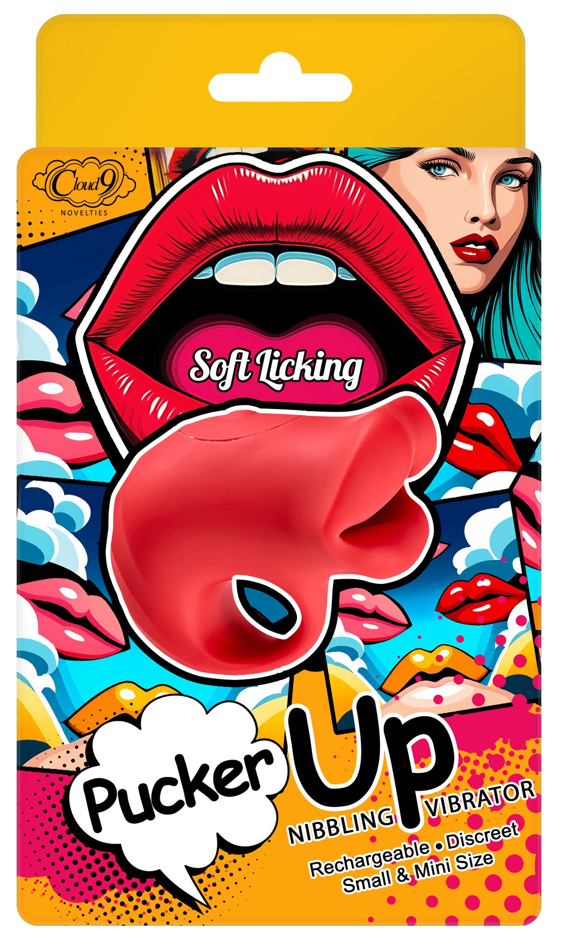 Pucker Up Lips With Ergonomic Finger Hold Vibrator Red packaging featuring playful lip design and nibbling vibrator by Cloud 9 Novelties.