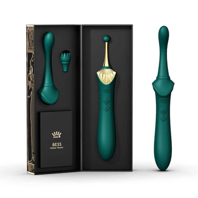ZALO Bess Clitoral Massager in Turquoise Green with packaging and attachments
