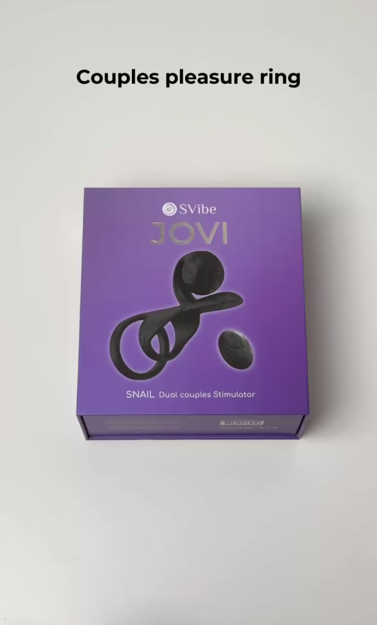 Svibe Snail Jovi Dual Couples Vibrating Ring Black packaging on display for enhanced intimate pleasure.