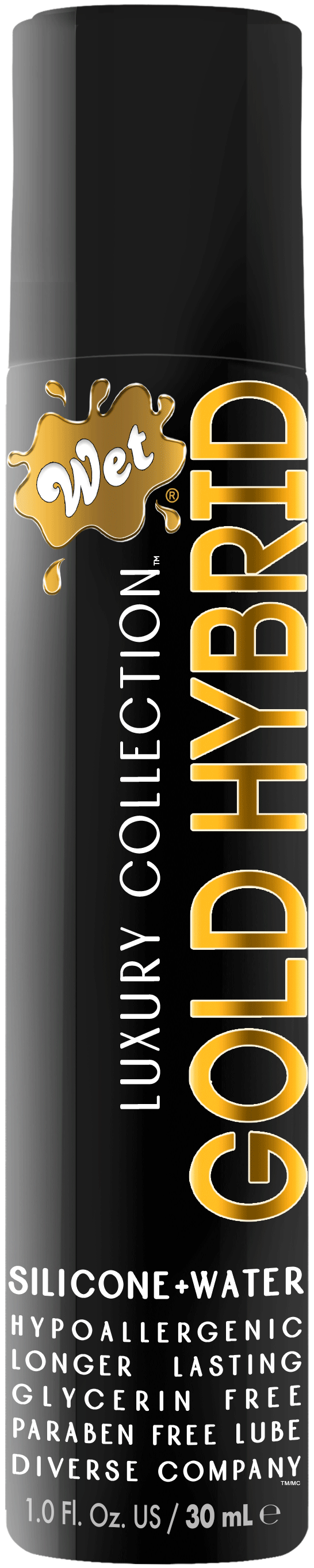 Wet Gold Hybrid Water Silicone Lubricant 1 Oz bottle with smooth and long-lasting formula for enhanced comfort