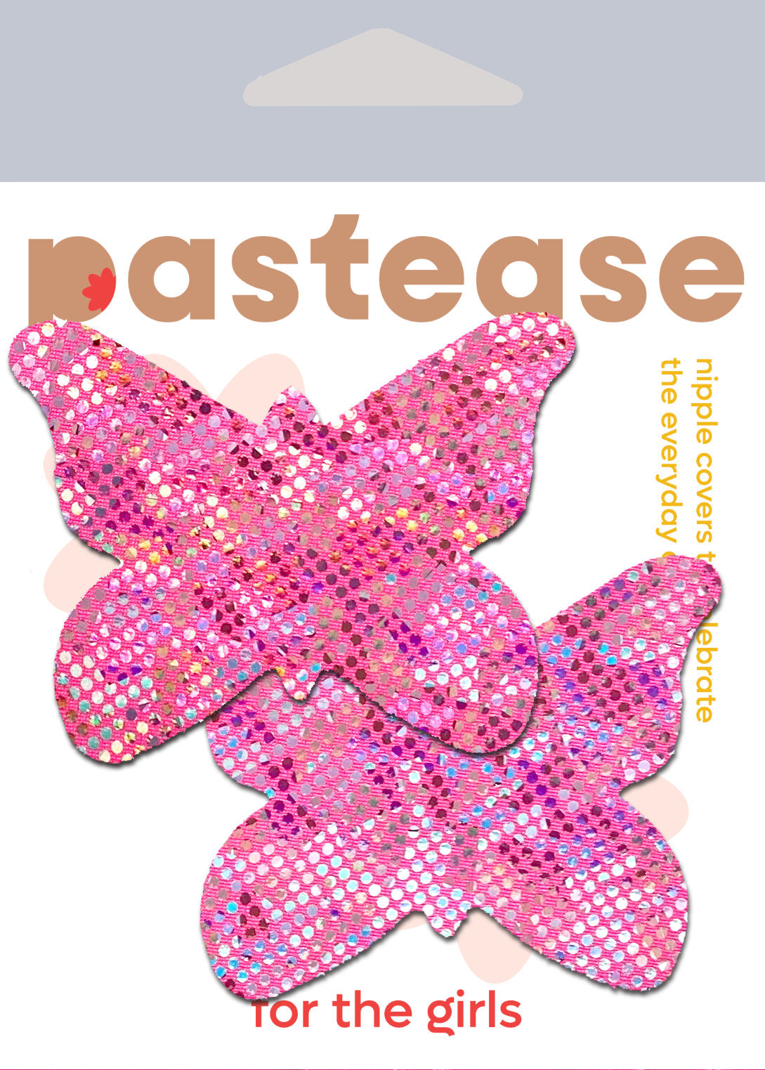 Pastease Butterfly Shattered Disco Ball Nipple Pasties Pink on packaging, showcasing sparkly butterfly design.