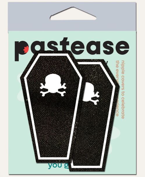 Pastease Coffin With Glow In The Dark Breast Pasties featuring a black coffin design with skull and crossbones.