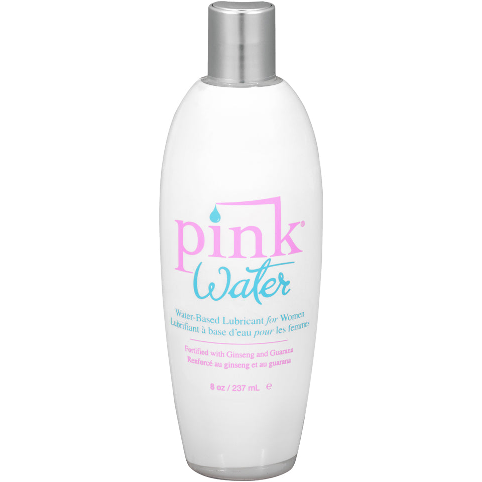 Pink Water Based Lubricant for Women 8 Oz Flip Top Bottle in a white container with a silver cap.