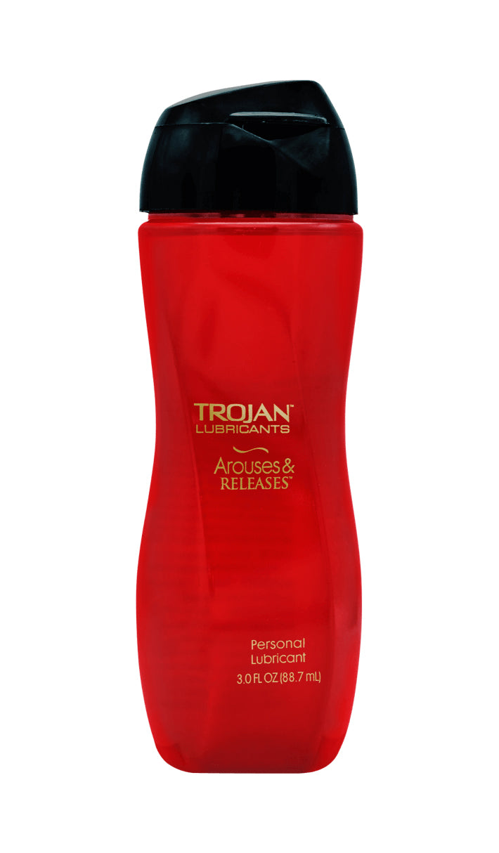 Trojan Arouses and Releases Lubricant 3 Fl Oz bottle with red packaging and black cap, ideal for enhancing intimacy.