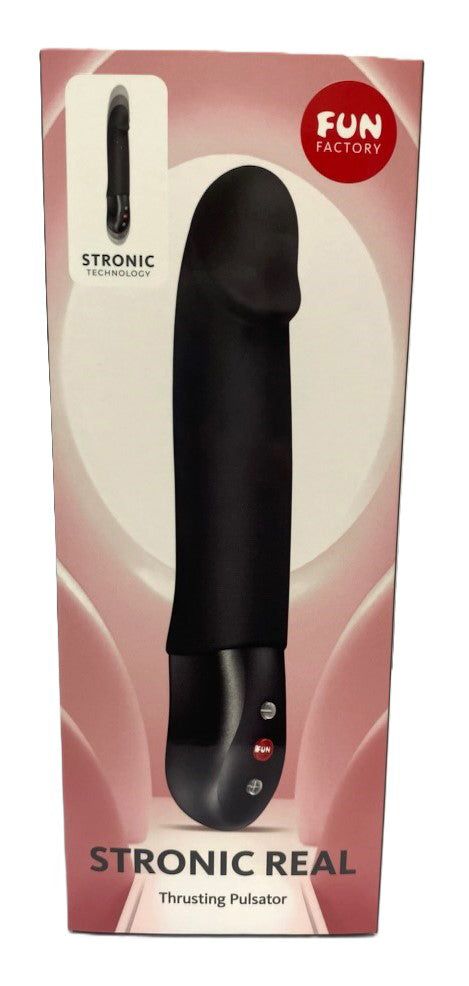 Fun Factory Stronic Real Thrusting Pulsator Black packaging showcasing its design and functionality for versatile pleasure.