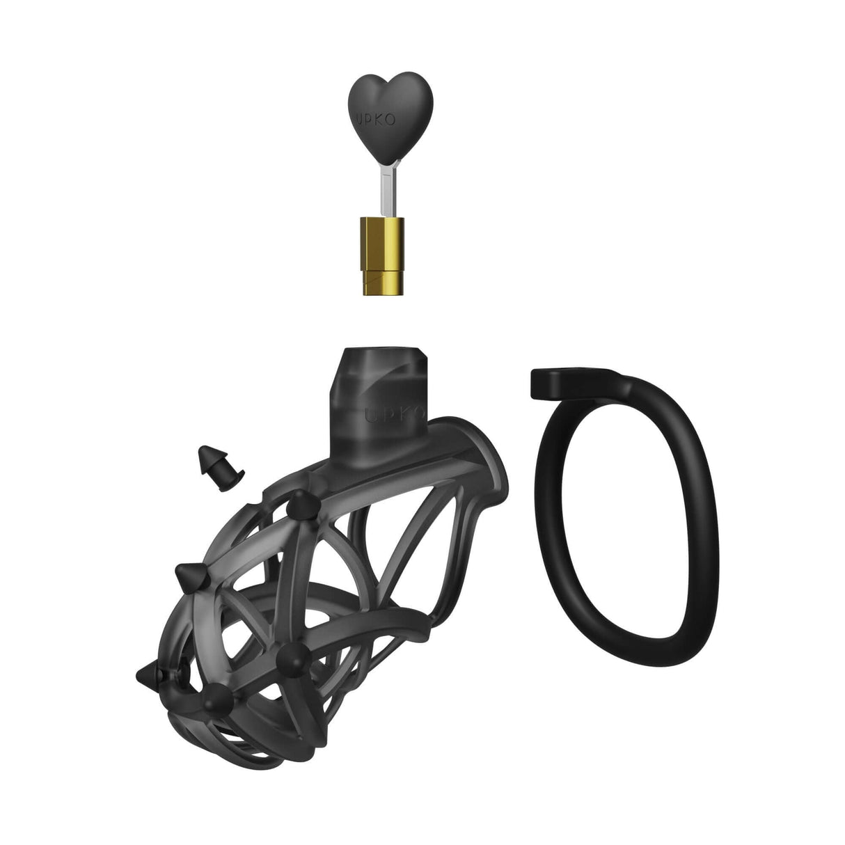 UPKO Caged Beast Male Chastity Device Kit components in black, showcasing unique design and craftsmanship.