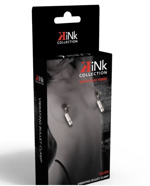 Kink Collection Vibrating Nipple Clamps Silver packaging featuring nipple play series with bullet clamps.
