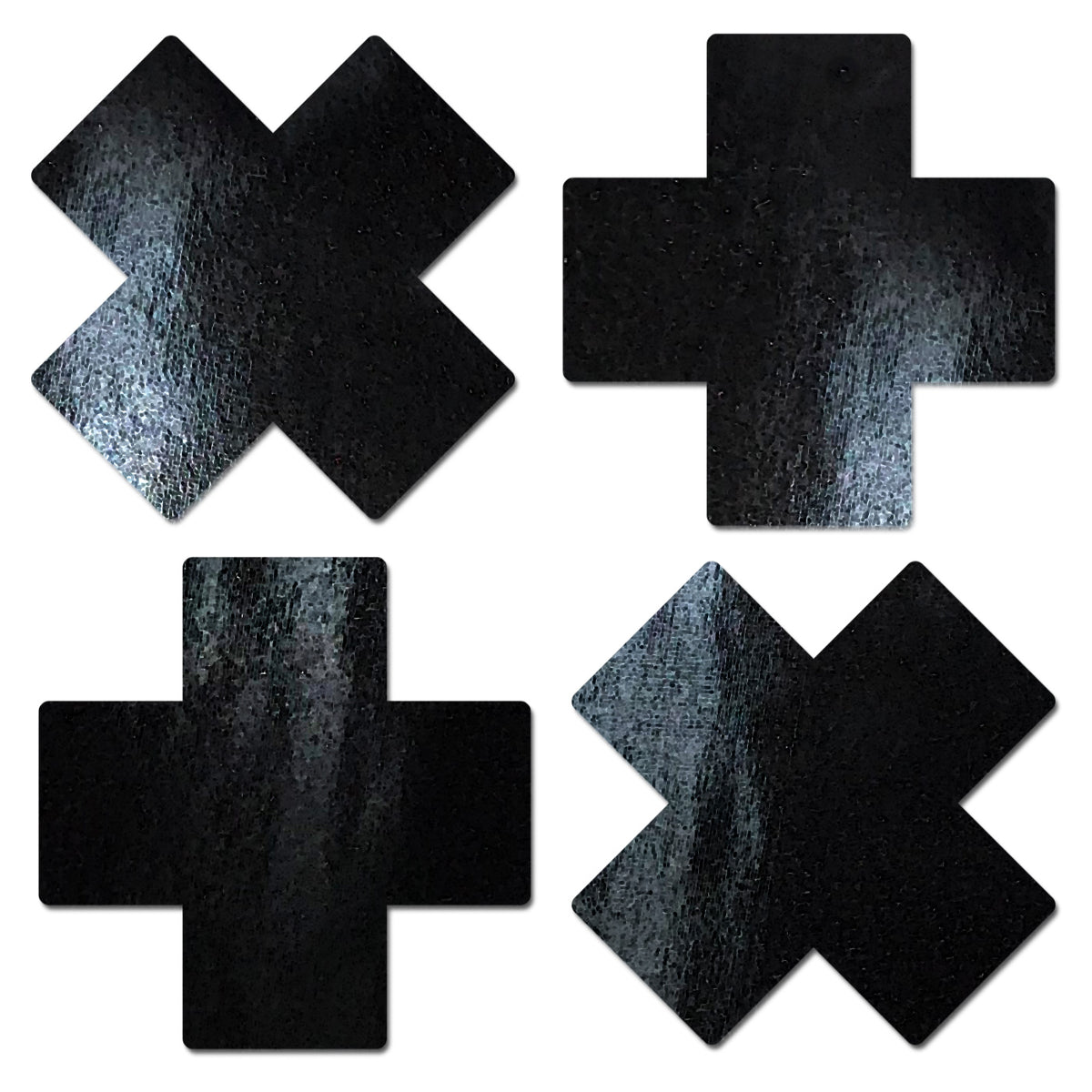 Pastease Petite Plus X Faux Latex Black Cross Pasties displayed in a set of four on a white background.