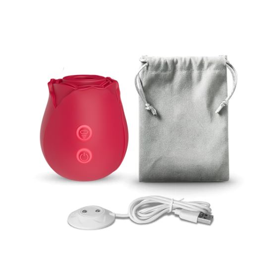 Sweet Dreams Rose True Suction Clitoral Stimulator with charging cable and storage pouch.