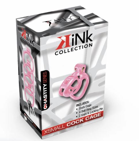 Kink Chastity Series Locking Cock Cage XS Pink packaging with details and components.