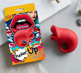 Pucker Up Lips With Ergonomic Finger Hold Vibrator Red in packaging, showcasing its playful lip design and ergonomic hold.