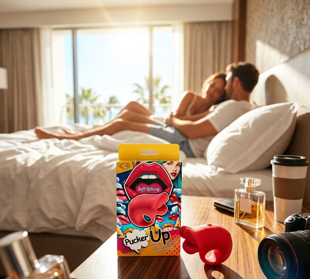 Pucker Up Lips With Ergonomic Finger Hold Vibrator Red showcased on a bedside table with a couple in the background.