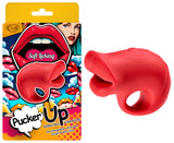 Pucker Up Lips With Ergonomic Finger Hold Vibrator Red shown with playful packaging.