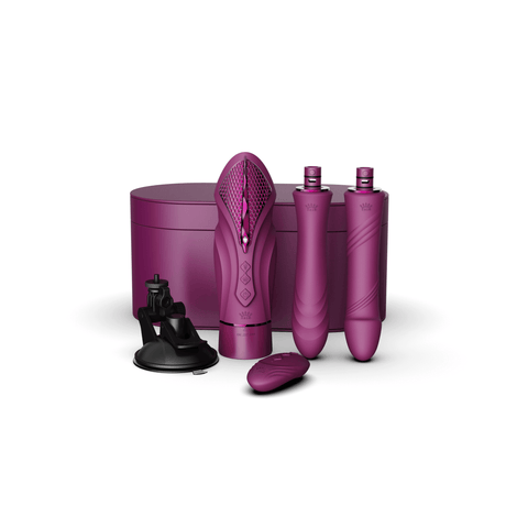 ZALO Sesh Compact Sex Machine in Velvet Purple with PowerThrust technology, vibrating massage sticks, and accessories displayed.