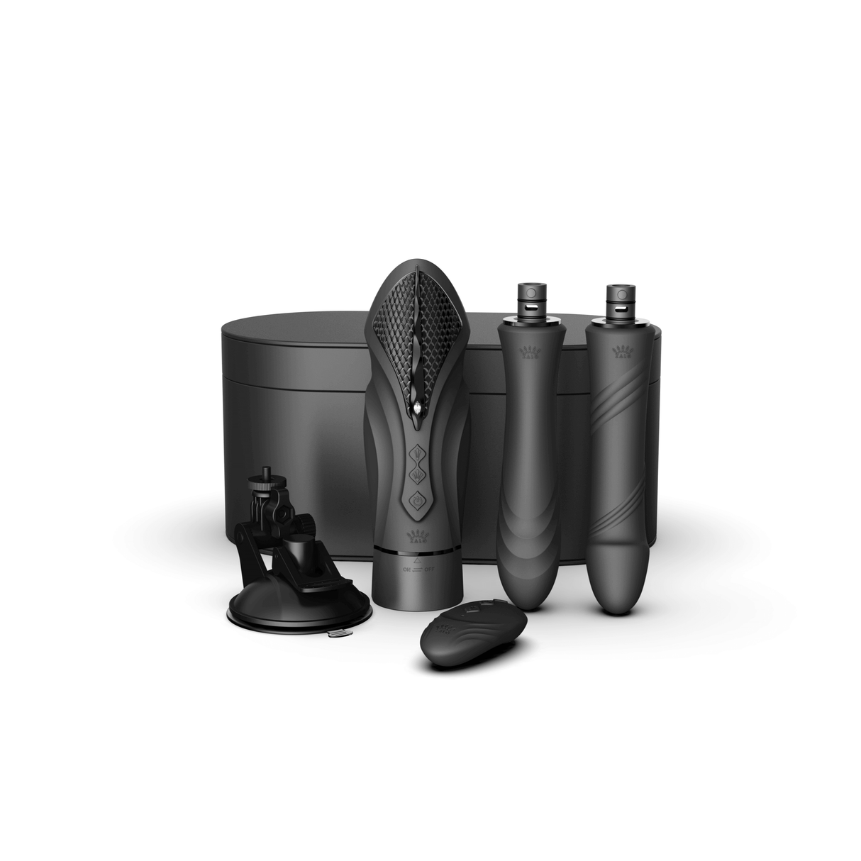 ZALO Sesh Compact Sex Machine Obsidian Black with PowerThrust technology and accessories displayed on white background.