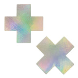 Pastease Plus X Silver Holographic Cross Nipple Pasties display shimmering cross shapes with a reflective surface.