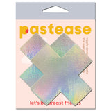 Pastease Plus X Silver Holographic Cross Nipple Pasties displayed on packaging, showcasing their shiny reflective surface.