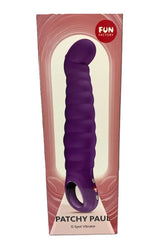 Fun Factory Patchy Paul G-Spot Vibrator Dark Violet in packaging showcasing its design and features.